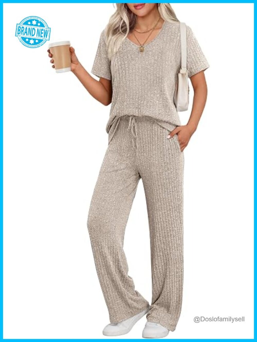 Ribbed Knit Lounge Set Short Sleeve Top Long Pants Sleepwear Pajama Set Two